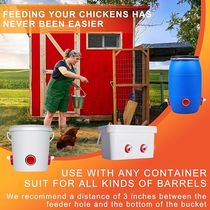 ZenxyHoC Chicken Feeders No Waste, DIY Automatic Poultry Feeder 6 Ports 1 Hole Saw with Covers Gravity Feed Kit for Buckets Barrels Bins Troughs
