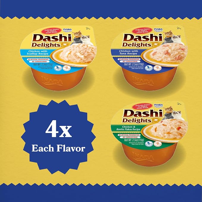 INABA Dashi Delights for Cats, Shredded Tuna Side Dish with Bonito Flake Broth, Cat Food Complement with Taurine & Green Tea Extract, 2.5 Ounce Cup, 12 Cups Total, Seafood Variety