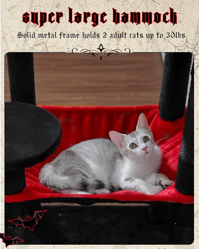 MUTTROS Gothic Cat Tree with Super Large Hammock, 56.3" Black Cat Tower with Coffin Bed, Cat Condo, Sisal Scratching Posts & Top Perch, Multi-Level Goth Cat Tree, Halloween, Black