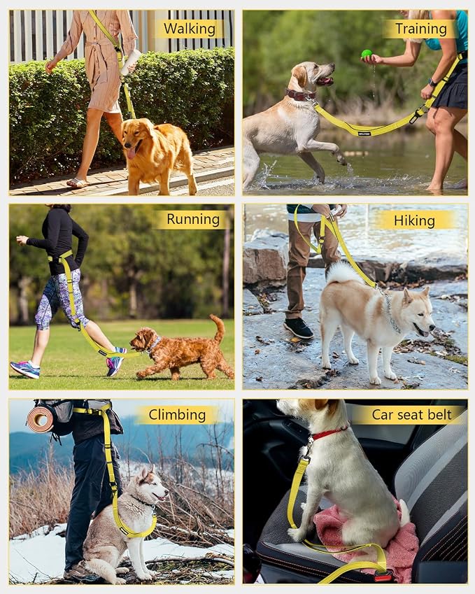 Hands Free Dog Leash & Car Seatbelt, 5.9-9.5ft Crossbody Dog Belt with Dual Soft Handles, Shock-Absorbing, 360° Clip, Reflective Design for Walking, Running, Hiking, Travel.(Yellow)