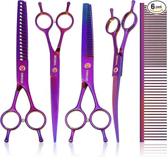 Dog Grooming Scissors Kit, Professional 6 in 1 Pet Scissors Sharp Shears Set - Straight, Thinning, Chunker, Curved Shears and Comb for Long Short Hair for Dog Cat (Set, Purple)