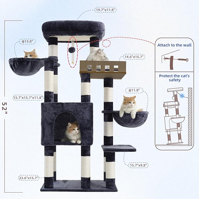Gitelsnour Cat Tree for Indoor Cats Large Adult, Heavy Duty Cat Tree for Large Cats 20 lbs+, Cat Condo with Big Wooden Perch, Cat Tower with 14 Scratching Posts, Hammock, Smoky Gray GCT023G
