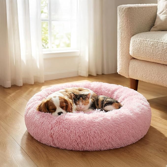 PetAmi Calming Dog Bed for Small & Medium Dogs, Cats & Puppy, Warming Round Donut Cuddler Bed, Anti-Anxiety Fluffy Shaggy Faux Fur Pet Bed, Machine Washable, Non-Slip Bottom, 30 Inch - Pink