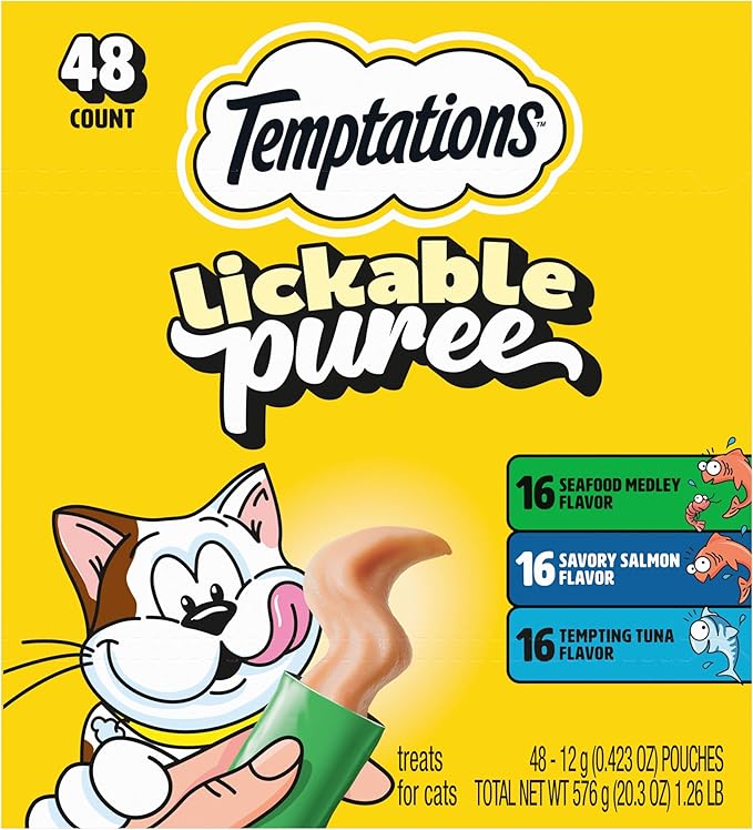Temptations Creamy Puree Squeezable Lickable Cat Treats, Wet Cat Treats with Tuna, Salmon, and Seafood Medley Variety Pack, 0.42 oz. Tubes, 48 Count