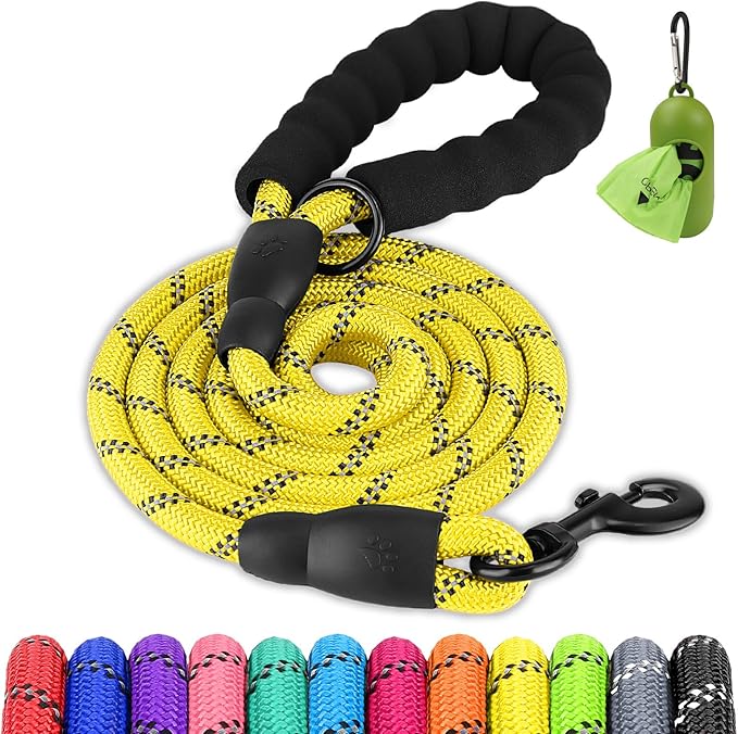 Joytale Dog Leash for Large Dogs, Heavy Duty Nylon Leashes with Comfortable Padded Handle and Highly Reflective Threads, Ideal for Walking and Training, Yellow, 5'×1/2''