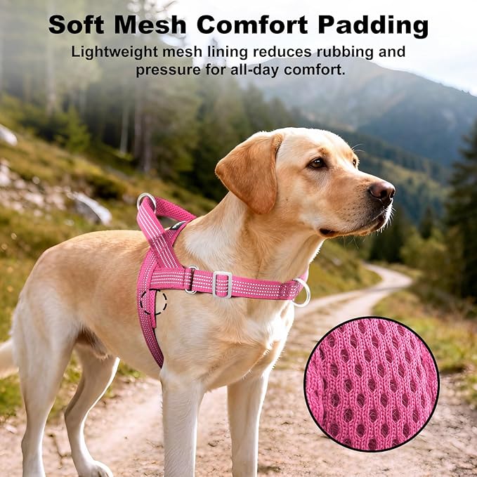 No Pull Dog Harness with Handle, Adjustable Soft Mesh Padded Reflective Walking Harness with Front Clip for Small Medium Large Dogs – Quick Fit No Escape for Training and Hiking (Pink, M)