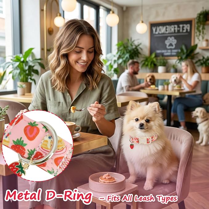 Dog Collar with Strawberry Patterns, Spring Summer Collection Pink Dog Collar with Exquisite Pendant, Durable Adjustable Collars for Gifts & Daily Use-S