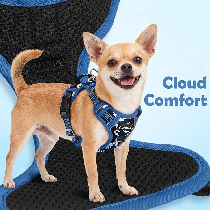 Funfox Dog Harness No Pull, Adjustable Pet Vest Harness, Super Soft Material with Vertical Handle Easy Control, Reflective Night Walking, 2 Leash Clips for Medium Sized Dogs, Mosaic Blue, M