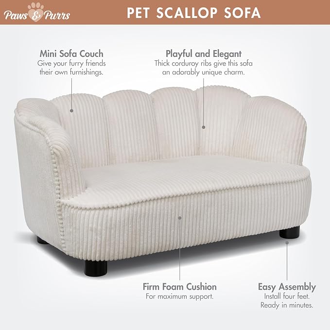 Paws & Purrs Retro Scalloped Back Sofa Style Pet Bed, Dog & Cat Couch with Tufted Cushion & Armrest, Stylish Indoor Pet Furniture, Cream