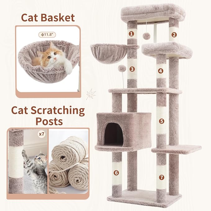 Gitelsnour Cat Tree for Indoor Cats, 55.1 inch Cat Tower with 7 Sisal Scratching Posts, Multi-Level Cat Condo wit Large Play Platform Furry Ball, Cat Cave, 2 Padded Perches, Basket, Mushroom GCT013MU