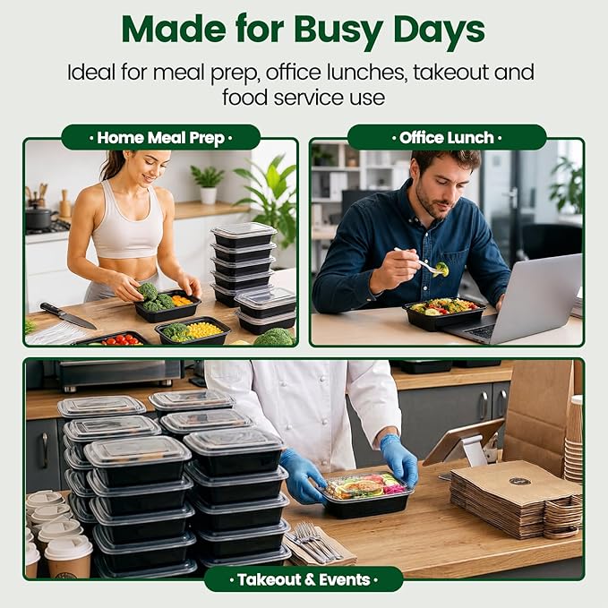 Meal Prep Containers with Lids 32oz-50 Pack & Free 50 Forks Individually Wrapped, Disposable Food Storage Containers BPA Free, Leak-Resistant, Microwave & Freezer Safe for Salad,Lunch,Take out,Togo