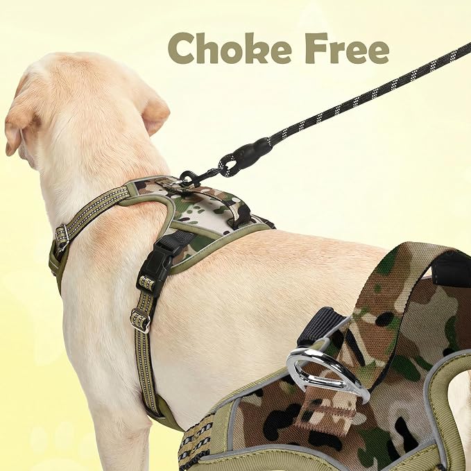 Funfox Dog Harness No Pull, Adjustable Pet Vest Harness, Super Soft Material with Vertical Handle Easy Control, Reflective Night Walking, 2 Leash Clips for Large Dogs, Camo Green, L