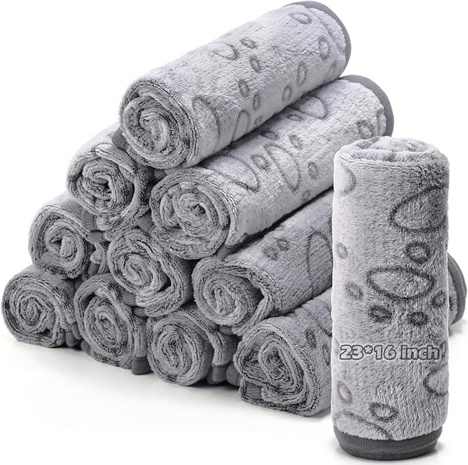 Tegeme 12 Pcs Pet Blankets 23 x 16 Inch Soft Fluffy Fleece Dog Cat Warm Paw Print Pattern Blankets Flannel Throw for Pets Dog Puppy Cat(Gray)