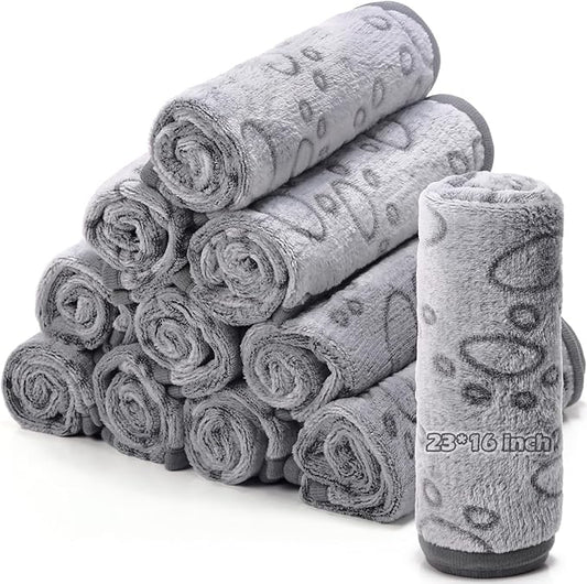 Tegeme 12 Pcs Pet Blankets 23 x 16 Inch Soft Fluffy Fleece Dog Cat Warm Paw Print Pattern Blankets Flannel Throw for Pets Dog Puppy Cat(Gray)