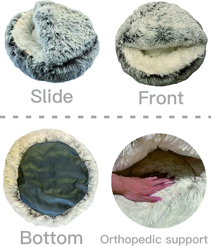 ShinHye Cat Bed Round Plush Fluffy Hooded Cat Bed Cave, Cozy for Indoor Cats or Small Dog beds, Soothing Pet Beds Doughnut Calm Anti-nxiety Dog Bed - Waterproof Bottom Washable (20×20inch, Grey)