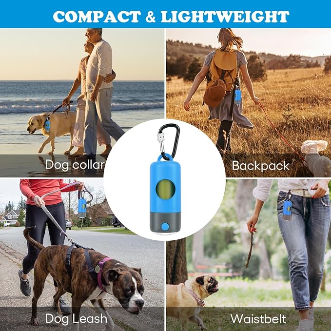 NOVKIN Rechargeable Dog Poop Bag Dispenser with LED Flashlight - Pet Waste Bag Holder for Leash with Carabiner Clip - Night Dog Walking Accessories & Safety Light, Includes 15 Extra Thick Waste Bags
