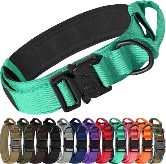 Joytale Tactical Dog Collar with Handle and Metal Buckle, Heavy Duty Padded Military Collar with 2 Patches for Training, Adjustable for Large Dogs, Teal, L