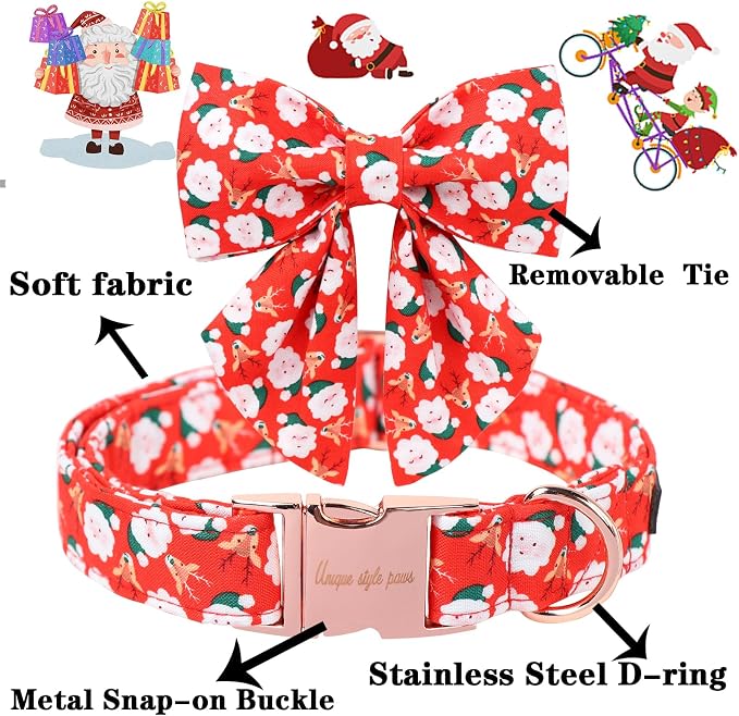 Unique Style Paws Christmas Day Dog Collar with Bowtie Christmas Man Elk Cotton Puppy Collars for Small Medium Large Dogs