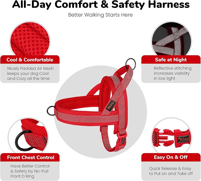Didog No Pull Dog Harness with Breathable Mesh Padded, Full Reflective & Quick Fit Adjustable Vest Harness, Easy for Training Walking for Small & Medium and Large Dogs (Red, L:Chest 26-32")