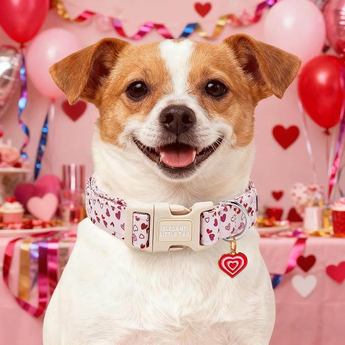 Elegant little tail Valentine's Dog Collar - Pink Heart Dog Collars Cotton Soft Puppy Adjustable Pet Collars with Sturdy Quick Release Buckle for Medium Dogs
