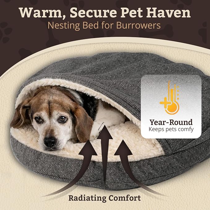 Snoozer Cozy Cave Dog Bed - Indoor Dog Bed with Cover Cave, Covered Calming Burrow for Small Sized Pets with Blanket Attached, Enclosed, Removable Washable Cover - Small, Merlin Pewter