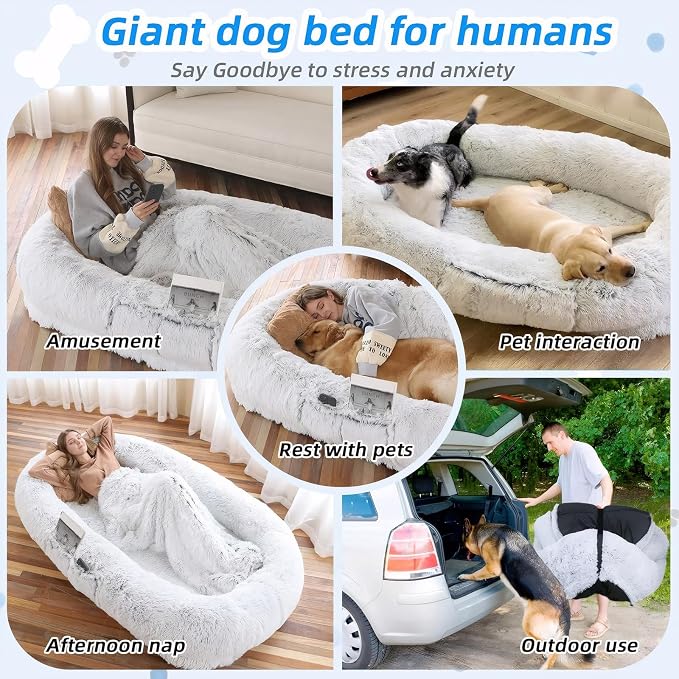 Human Dog Bed for Adults, 71"x45"x14" Giant Fluffy Dog Bed for Humans, Washable Faux Fur Napping Bed, Orthopedic Human Pet Bed with Non-Slip Bottom