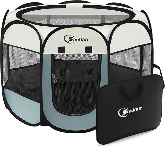Siedihit Dog Cat Playpen, Puppy Pet Playpen Indoor for Small Dog Crate Tent Cage Outdoor, Portable Pop Up Dogs Enclosure Kennel with Carrying Case for Dogs/Cats/Rabbits(Grey, Small