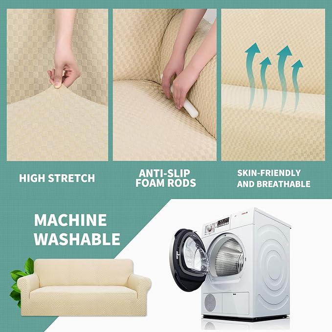 YEMYHOM Couch Cover Latest Jacquard Design High Stretch Sofa Chair Covers for Living Room, Pet Dog Cat Proof Armchair Slipcover Non Slip Magic Elastic Furniture Protector (Small, Beige)