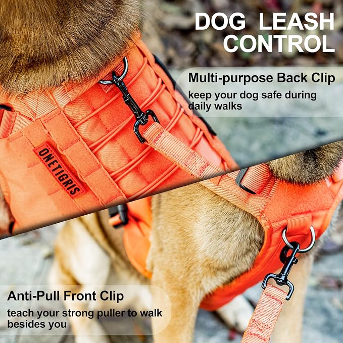 OneTigris Tactical Dog Harness Vest with Handle, Military Dog Harness for Large Medium Dogs,FIRE WATCHER 2.0 No-Pull Service Dog Vest,Adjustable Dog Vest Harness for Walking Hiking Training(XL,Orange)
