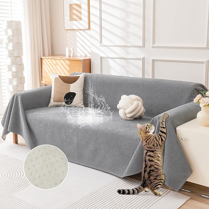 Deep Dream Cat-Scratch Resistant Couch Cover, Waterproof Sofa Cover for 2 Cushion Couch Washable, Pet Friendly Couch Protectors Anti Slip Thickened Slipcovers for Dogs Pets, 71" x 102", Light Grey