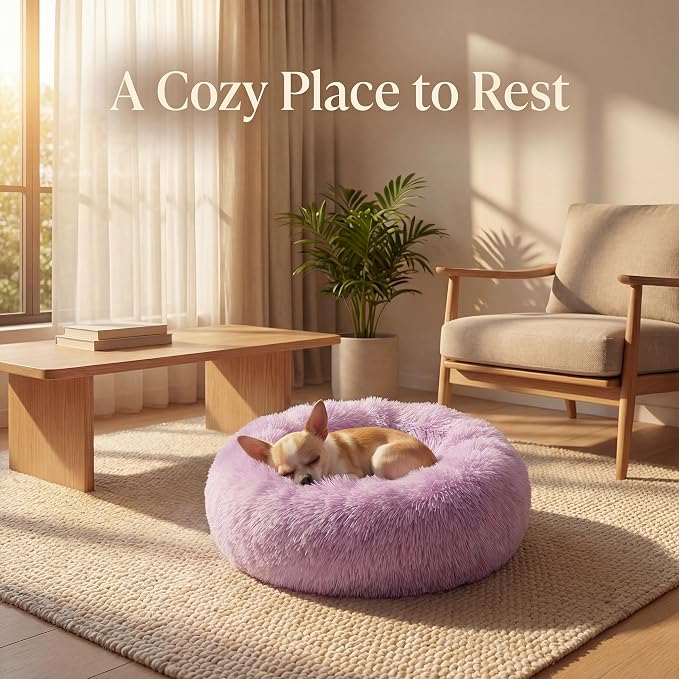 Tiny Dog Bed 15 Inch for Extra Small Dogs,Washable Puppy Bed,Soft Faux Fur Calming Donut Bed for Chihuahua Yorkie Maltese Pomeranian,Purple and White