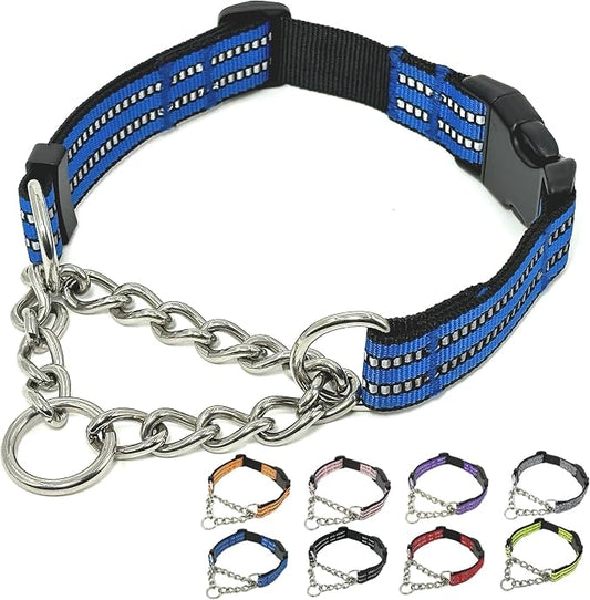 Martingale Dog Collars, Reflective Nylon Collar with Stainless Steel Chain, Adjustable Walking Training Dog Collars with Quick Release Buckle, Suitable for Small Medium Large Dogs(Blue,S)