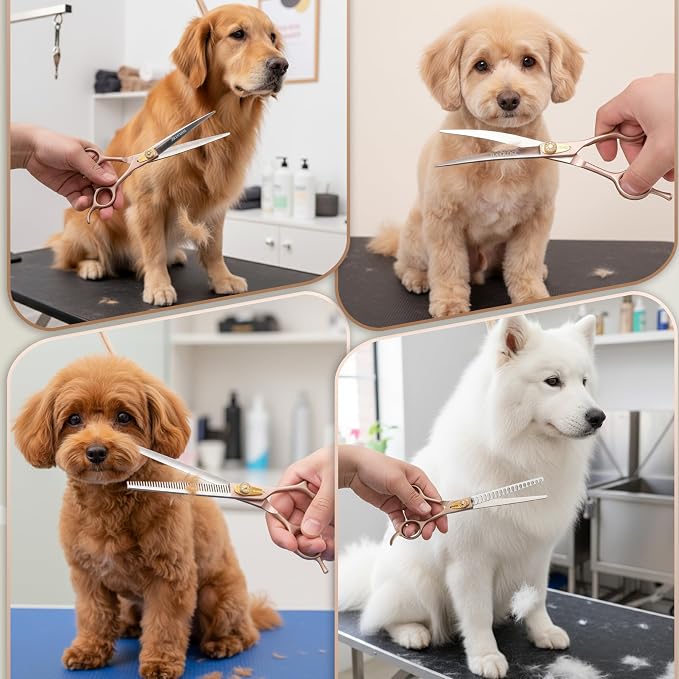 7.5‘’ Professional Dog Grooming Scissors Set 440C Stainless Steel Straight Thinning Curved Chunker Shears 4PCS Set for Pet Grooming Services Dogs and Cats (Rose Gold, Set)