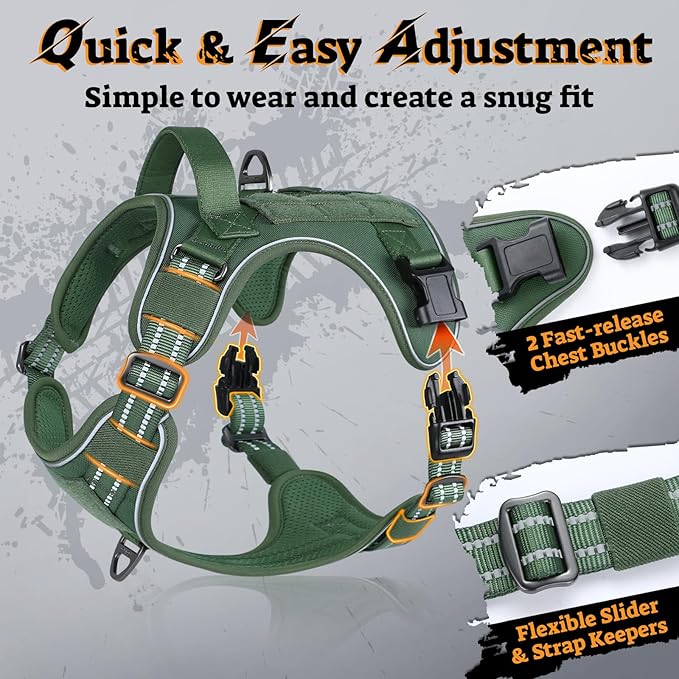 rabbitgoo Tactical Dog Harness for Small Dogs No Pull Adjustable Military Vest with Handle MOLLE Reflective Heavy Duty Dog Vest for Walking Training Hunting Outdoor Working Medium Size Dog Green S