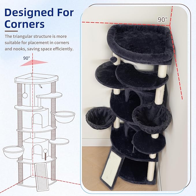 Gitelsnour Corner Cat Tree for Indoor Cats, Cat Tower with All Sisal Scratching Posts, Multi-Level Cat Condo wth 2 Large Cat Caves, Big Top Perch, 2 Hanging Baskets, Sisal Ramp, Drak Gray GCT035G