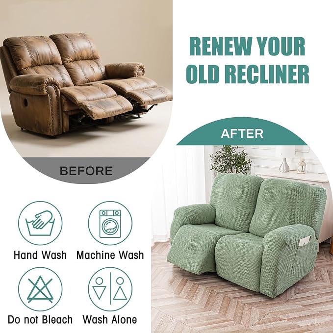 Genina Recliner Loveseat Cover Stretch Couch Covers Sofa slipcover for 2 Seat Reclining Couch Thick Jacquard Furniture Protector (Matcha Green)