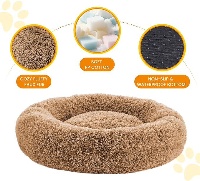 Calming Dog Beds for Large Dogs, Faux Fur Donut Cuddler Dog Bed, Round Fluffy Pillow, Washable Pet Bed for Dogs Up to 80Lbs, 36inch