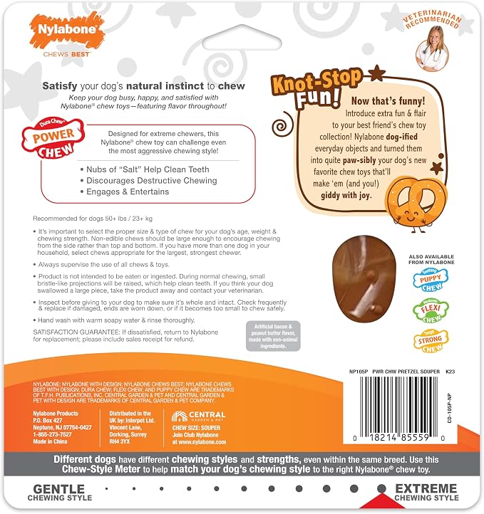 Nylabone Pretzel Power Chew Toy for Dogs, Dog Toys for Aggressive Chewers, Bacon & Peanut Butter Flavor, X-Large Dogs - 50+ lbs, 1 Count