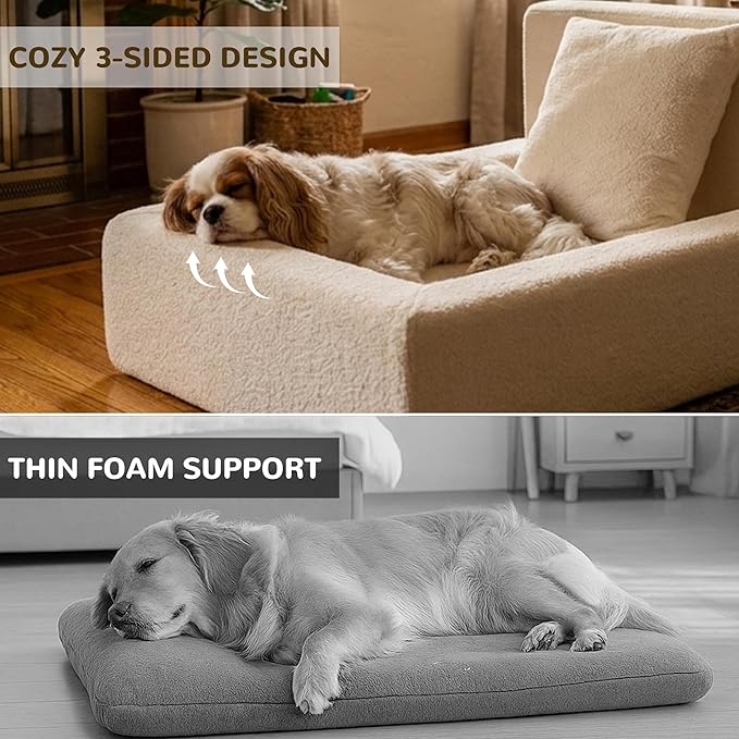 Boucle Dog Bed with Pillow, Furniture Style Dog Couch with Backrest, Washable Calming Pet Sofa Lounge for Small Medium Dogs, Beige