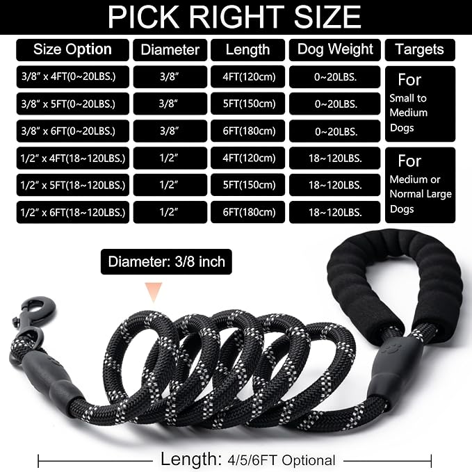 2 Pack Dog Leash, 4/5//6 FT Heavy Duty Nylon Rope Pet Leashes with Comfortable Padded Handle, Reflective Dog Leashes for Small Medium and Large Dogs (6FT-3/8,Black/Purple)