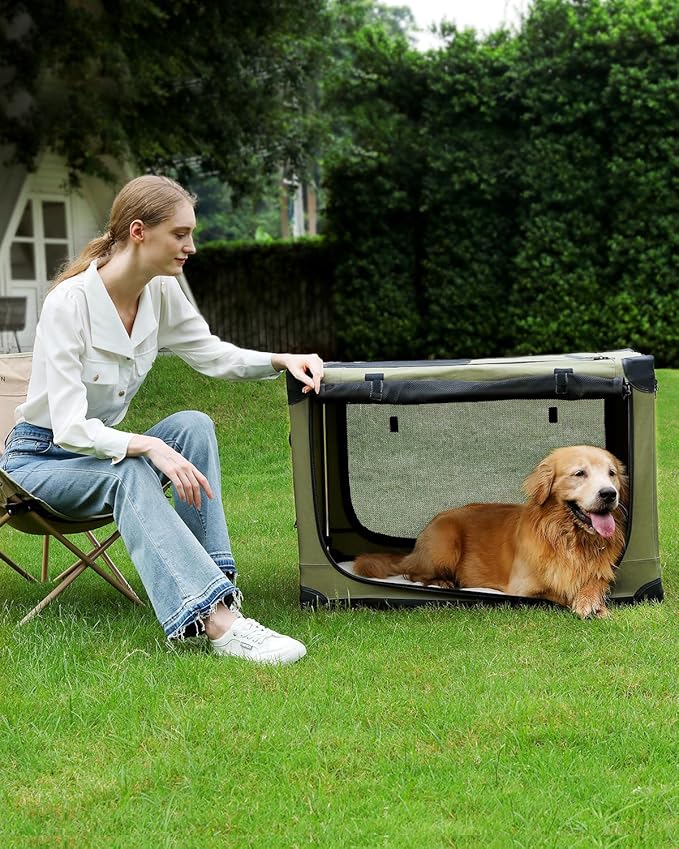 Veraste 33" L x 25" W x 25" H Collapsible Travel Dog Crate, Portable Soft Dog Kennel for Medium Large Dogs up to 60 lbs, 4-Door Foldable Travel Crate with Durable Mesh & Storage BagGreen