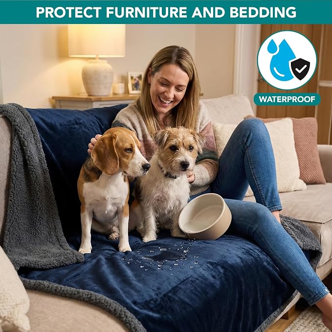PetAmi Waterproof Dog Blanket for Couch, Large 60x40, Pee Proof Sherpa Fleece Reversible Pet Throw, Furniture Protector for Bed Sofa Kennel, Soft Washable Cover for Medium Dogs Cats, Blue Grey