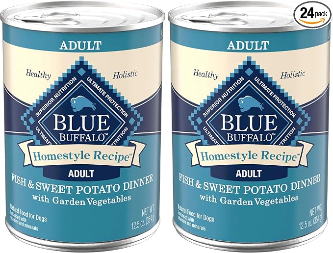 Blue Buffalo Homestyle Recipe Adult Wet Dog Food,Made with Natural Ingredients,Fish & Sweet Potato Dinner with Garden Vegetables,12.5-oz can,(Pack of 24)