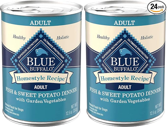 Blue Buffalo Homestyle Recipe Adult Wet Dog Food,Made with Natural Ingredients,Fish & Sweet Potato Dinner with Garden Vegetables,12.5-oz can,(Pack of 24)
