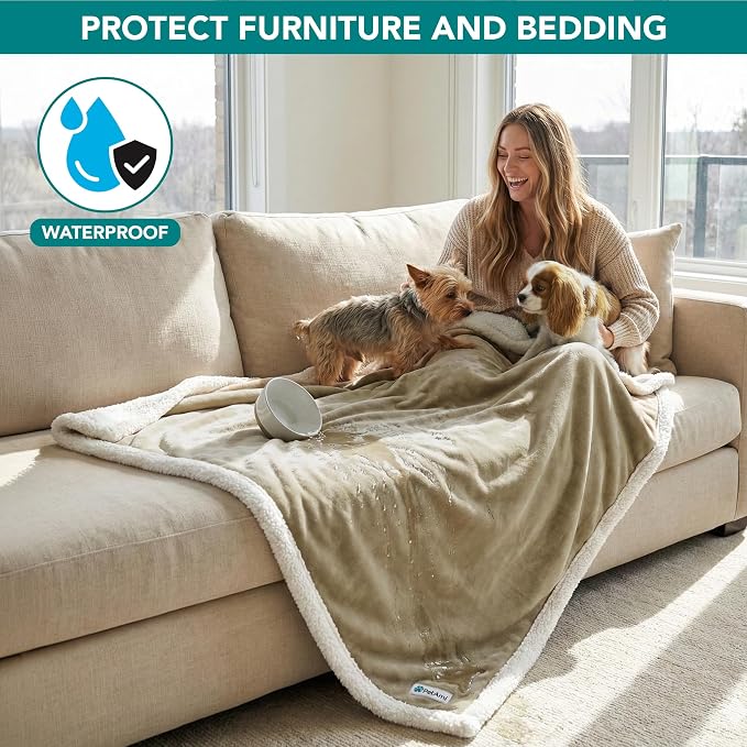 PetAmi Waterproof Dog Blanket for Couch, Extra Large 80x60, Pee Proof Sherpa Fleece Reversible Pet Throw, Furniture Protector for Bed Sofa Crate Kennel, Soft Washable Cover for Dog Cat, Taupe