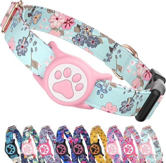 Airtag Dog Collar,with Waterproof airtag Holder，Original Stylish Cute Pattern Design.QR Code ID Buckle，Comfortable Soft Cotton for Small Medium Large Dogs