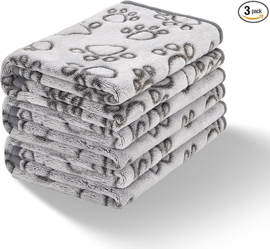 Stuffed 3 Pcs Soft Dog Blankets for Small Dogs Newborn, Washable Puppy Blanket for Cat Kitten Essentials, 24 * 16 Inches, Grey Cute Paw Print
