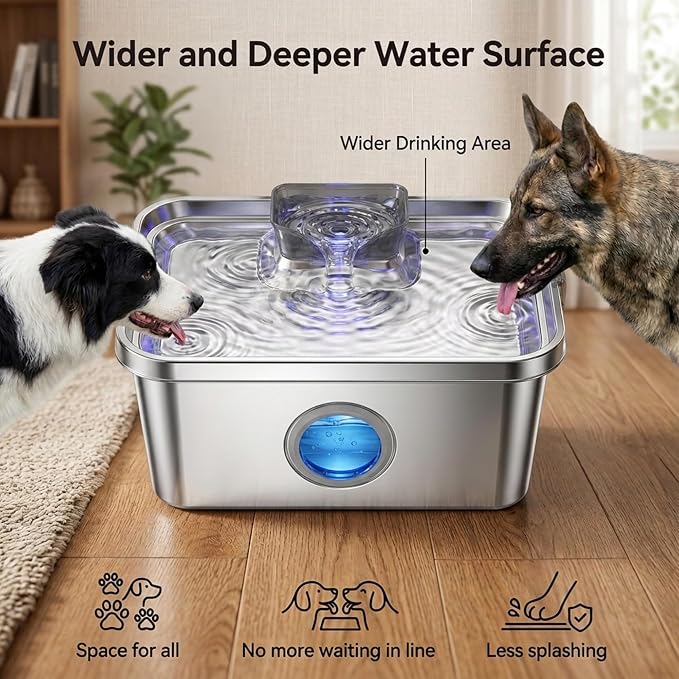 PETTEN 12L Large Dog Water Fountain for Large Dogs & Multi-Pet Homes,304 Stainless Steel 3Gal Pet Water Fountain Ultra Quiet Automatic Water Dispenser, Advanced Filtration, Easy Clean Indoor Use