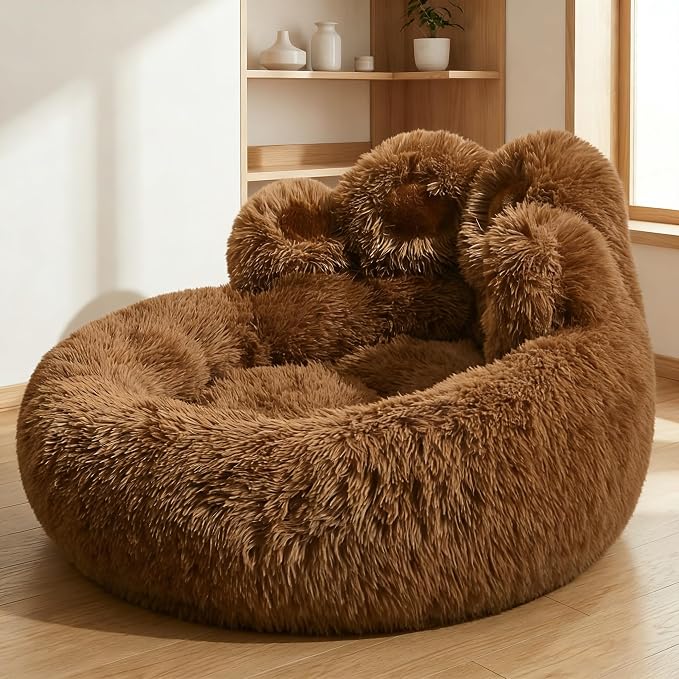 Cat Paw Shaped Cat Bed, Long Plush Calming Cat Bed for Indoor Cats, Washable Pet Bed with Anti-Slip Bottom, Soft Cozy Bed for Small Medium Large Cats & Dogs (Brown, X-Large)