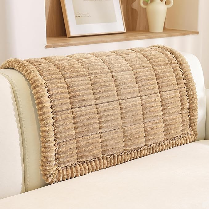 Royhom Headrest Armrest Cover, Couch Back Cover, Thick Soft Couch Arm Covers, Arm Chair Covers for Pets Recliner Loveseat Leather Cushion L Shaped Sofa (Khaki, 35.4 x 35.4 Inch)